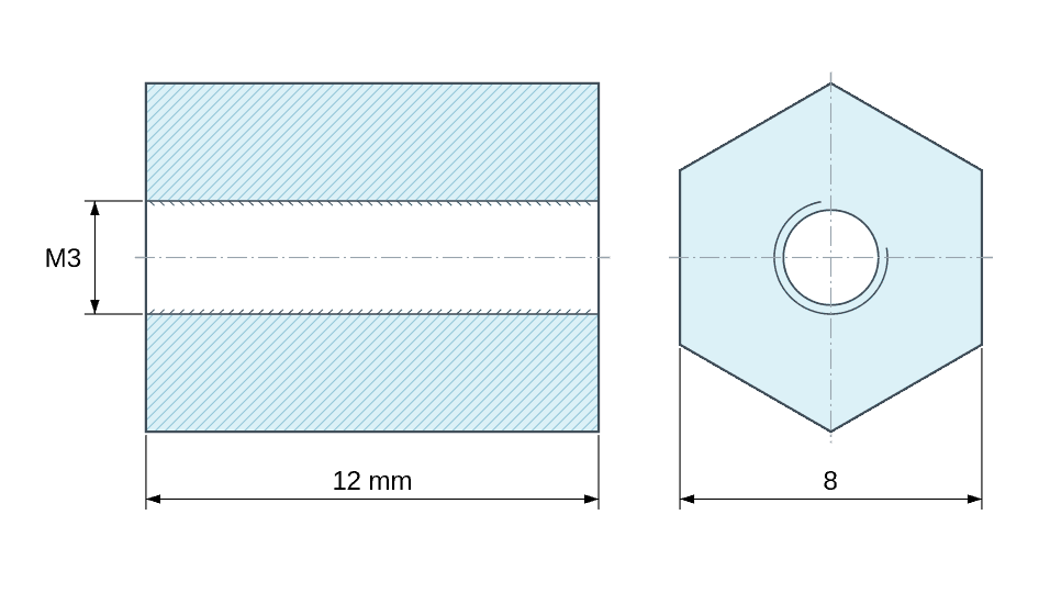 Dimensioned drawing, Hexagonal female/female threaded spacer plastic glass-filled polyamide M3 - 8 mm across flats Dimensioned drawing, Hexagonal female/female threaded spacer plastic glass-filled polyamide M3 - 8 mm across flats