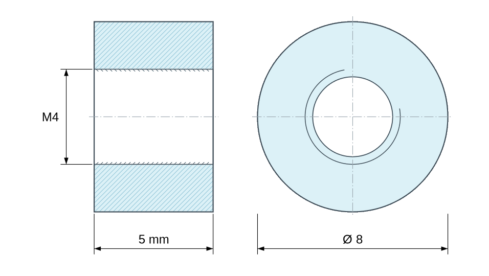 Dimensioned drawing, Round female/female threaded spacer natural plastic acetal POM M4 - Ø8 mm Dimensioned drawing, Round female/female threaded spacer natural plastic acetal POM M4 - Ø8 mm