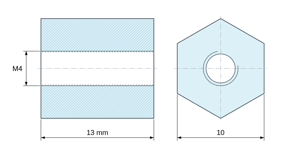 Dimensioned drawing, Hexagonal female/female threaded spacer plastic glass-filled polyamide M4 - 10 mm across flats Dimensioned drawing, Hexagonal female/female threaded spacer plastic glass-filled polyamide M4 - 10 mm across flats