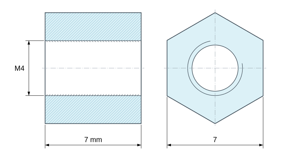 Dimensioned drawing, Hexagonal female/female threaded spacer plastic glass-filled polyamide M4 - 7 mm across flats Dimensioned drawing, Hexagonal female/female threaded spacer plastic glass-filled polyamide M4 - 7 mm across flats