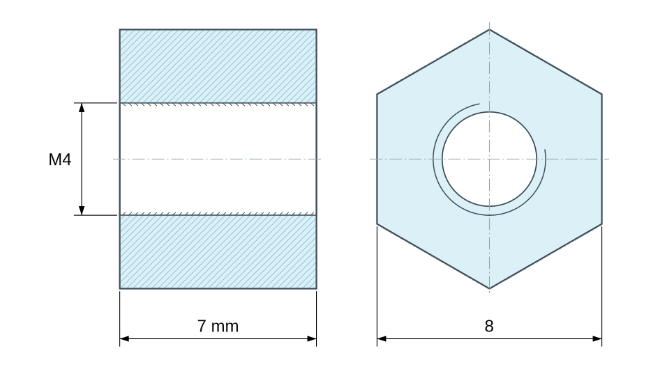 Dimensioned drawing, Hexagonal female/female threaded spacer brown plastic glass-filled polyamide M4 - 8 mm across flats Dimensioned drawing, Hexagonal female/female threaded spacer brown plastic glass-filled polyamide M4 - 8 mm across flats