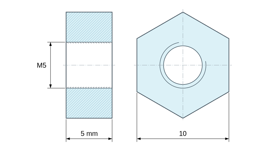Dimensioned drawing, Hexagonal female/female threaded spacer plastic glass-filled polyamide M5 - 10 mm across flats Dimensioned drawing, Hexagonal female/female threaded spacer plastic glass-filled polyamide M5 - 10 mm across flats