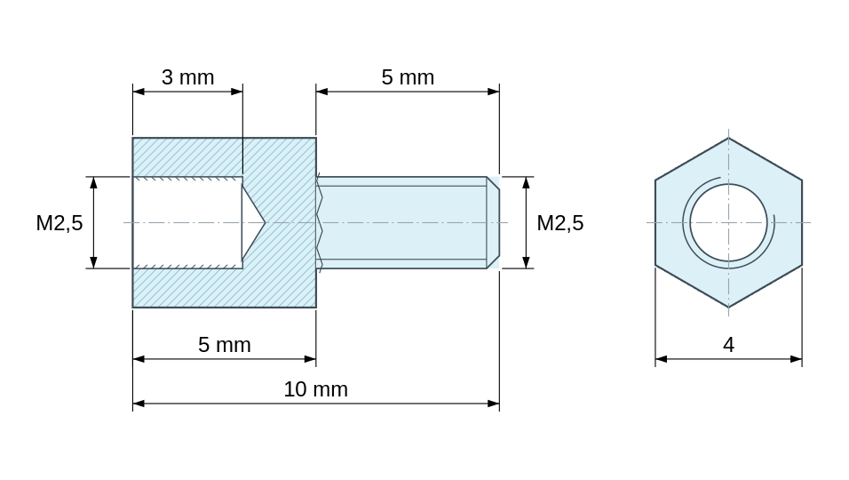 Dimensioned drawing, Hexagonal male/female threaded spacer natural plastic polyamide PA6.6 M2.5 - 4 mm across flats Dimensioned drawing, Hexagonal male/female threaded spacer natural plastic polyamide PA6.6 M2.5 - 4 mm across flats