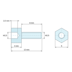 [decl 4mm / 8 mm] Entretoise hexagonale filetée mâle/femelle plastique polyamide PA6.6 M2.5 - 5 mm sur plats