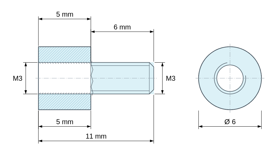 Dimensioned drawing, Round male/female threaded spacer plastic polyamide PA6.6 M3 - Ø6 mm Dimensioned drawing, Round male/female threaded spacer plastic polyamide PA6.6 M3 - Ø6 mm
