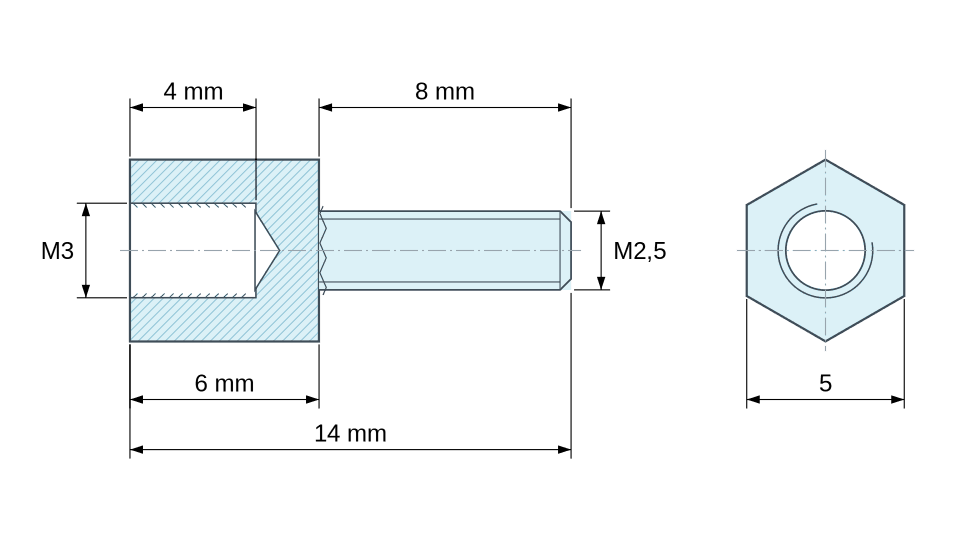Dimensioned drawing, Hexagonal male/female threaded spacer plastic polyamide PA6.6 M3 - 5 mm across flats Dimensioned drawing, Hexagonal male/female threaded spacer plastic polyamide PA6.6 M3 - 5 mm across flats
