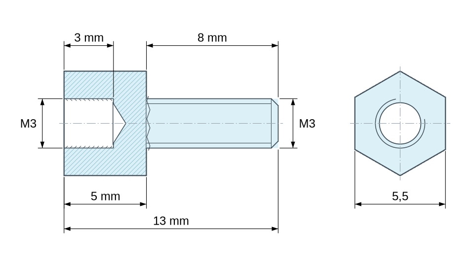Dimensioned drawing, Hexagonal male/female threaded spacer white plastic PBT M3 - 5.5 mm across flats Dimensioned drawing, Hexagonal male/female threaded spacer white plastic PBT M3 - 5.5 mm across flats