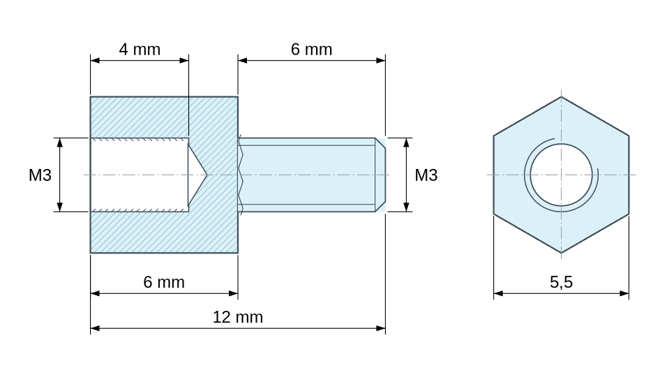 Dimensioned drawing, Hexagonal male/female threaded spacer natural plastic polyamide PA6.6 M3 - 5.5 mm across flats