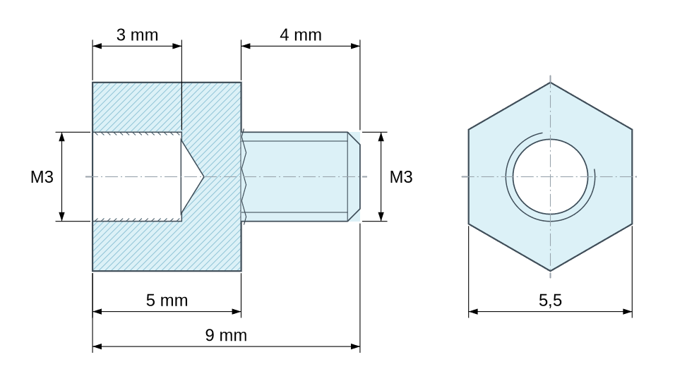 Dimensioned drawing, Hexagonal male/female threaded spacer plastic polyamide PA6.6 M3 - 5.5 mm across flats Dimensioned drawing, Hexagonal male/female threaded spacer plastic polyamide PA6.6 M3 - 5.5 mm across flats
