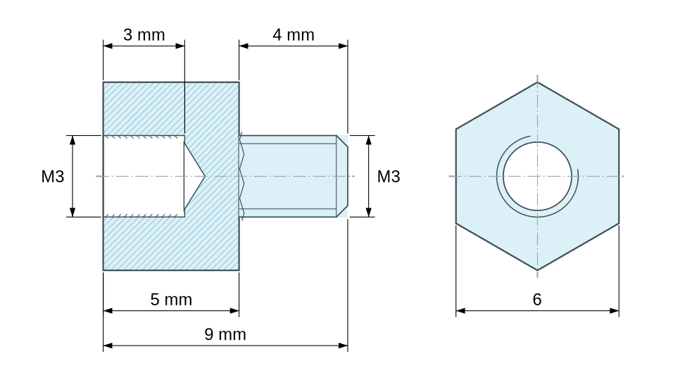 Dimensioned drawing, Hexagonal male/female threaded spacer plastic polyamide PA6.6 M3 - 6 mm across flats Dimensioned drawing, Hexagonal male/female threaded spacer plastic polyamide PA6.6 M3 - 6 mm across flats