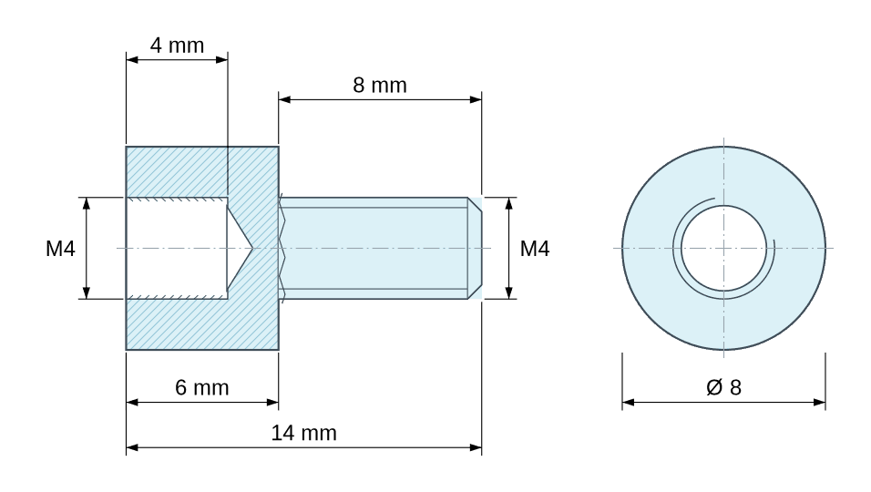 Dimensioned drawing, Round male/female threaded spacer plastic polyamide PA6.6 M4 - Ø8 mm Dimensioned drawing, Round male/female threaded spacer plastic polyamide PA6.6 M4 - Ø8 mm