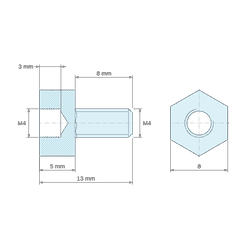 [decl 5mm / 8 mm] Entretoise hexagonale filetée mâle/femelle plastique polyamide PA6.6 M4 - 8 mm sur plats