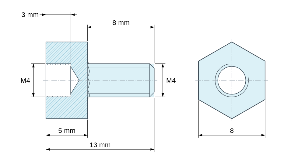 Dimensioned drawing, Hexagonal male/female threaded spacer plastic polyamide PA6.6 M4 - 8 mm across flats Dimensioned drawing, Hexagonal male/female threaded spacer plastic polyamide PA6.6 M4 - 8 mm across flats
