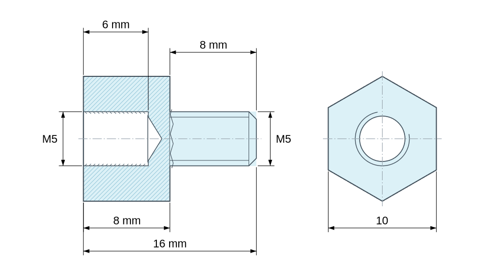 Dimensioned drawing, Hexagonal male/female threaded spacer plastic polyamide PA6.6 M5 - 10 mm across flats Dimensioned drawing, Hexagonal male/female threaded spacer plastic polyamide PA6.6 M5 - 10 mm across flats