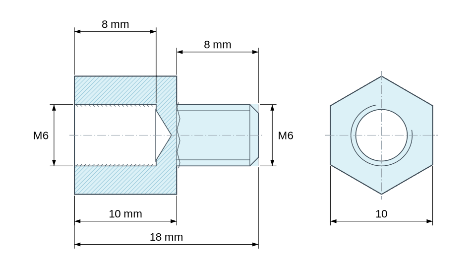 Dimensioned drawing, Hexagonal male/female threaded spacer plastic polyamide PA6.6 M6 - 10 mm across flats Dimensioned drawing, Hexagonal male/female threaded spacer plastic polyamide PA6.6 M6 - 10 mm across flats