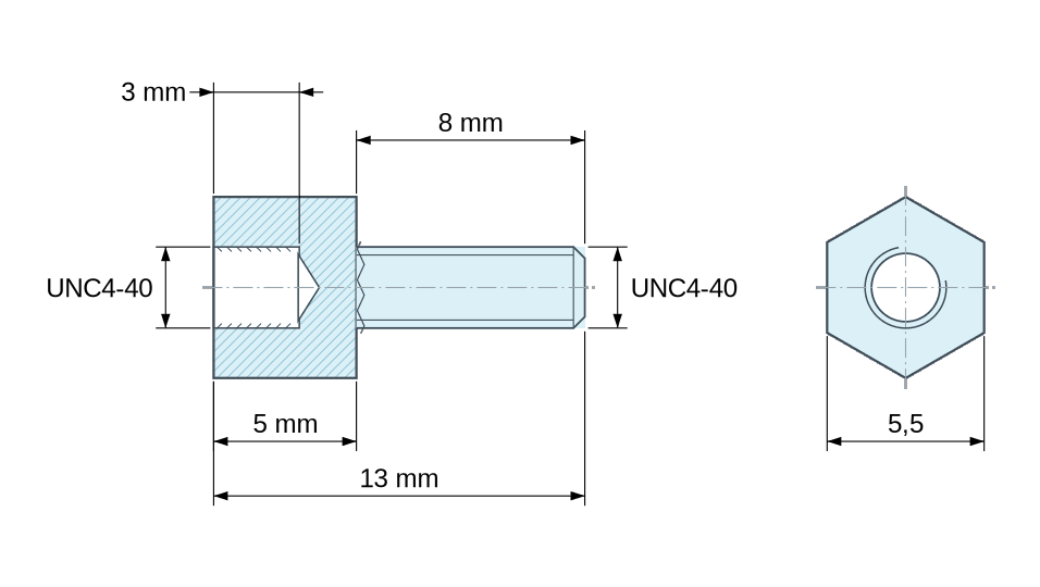 Dimensioned drawing, Hexagonal male/female threaded spacer plastic polyamide PA6.6 UNC4-40 - 5.5 mm across flats Dimensioned drawing, Hexagonal male/female threaded spacer plastic polyamide PA6.6 UNC4-40 - 5.5 mm across flats