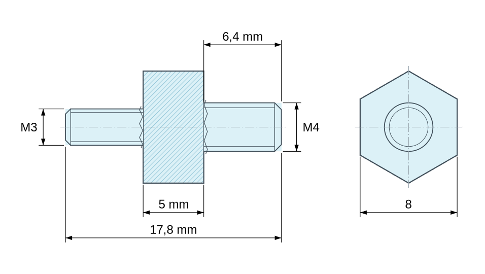 Dimensioned drawing, Hexagonal male/male threaded spacer plastic polyamide PA6.6 M3 - 8 mm across flats Dimensioned drawing, Hexagonal male/male threaded spacer plastic polyamide PA6.6 M3 - 8 mm across flats