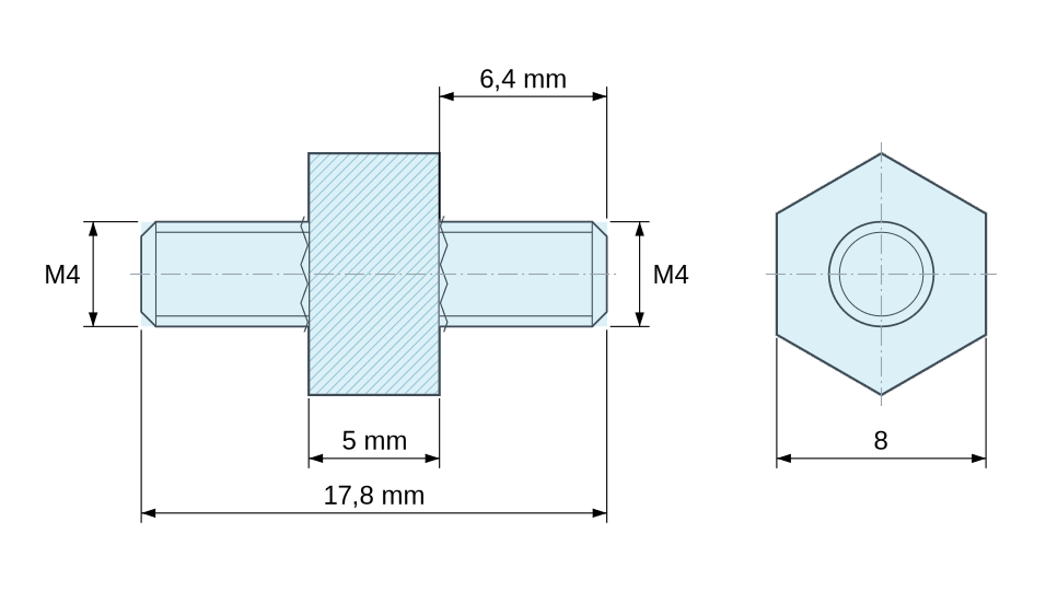 Dimensioned drawing, Hexagonal male/male threaded spacer plastic polyamide PA6.6 M4 - 8 mm across flats