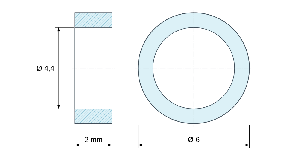Dimensioned drawing: Round stainless steel spacer Ø4.4x6mm for M4 screw