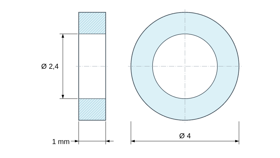 Dimensioned drawing: Round aluminium spacer Ø2.4x4mm for M2 screw