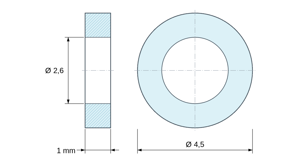 Dimensioned drawing: Round nickel-plated brass spacer Ø2.6x4.5mm for M2.5 screw