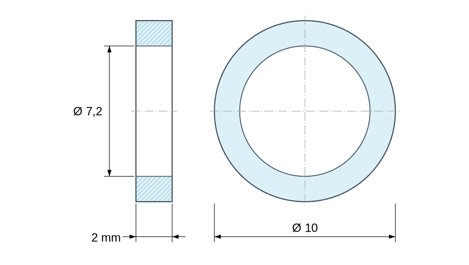 Dimensioned drawing: Round nickel-plated brass spacer Ø7.2x10mm for M7 screw