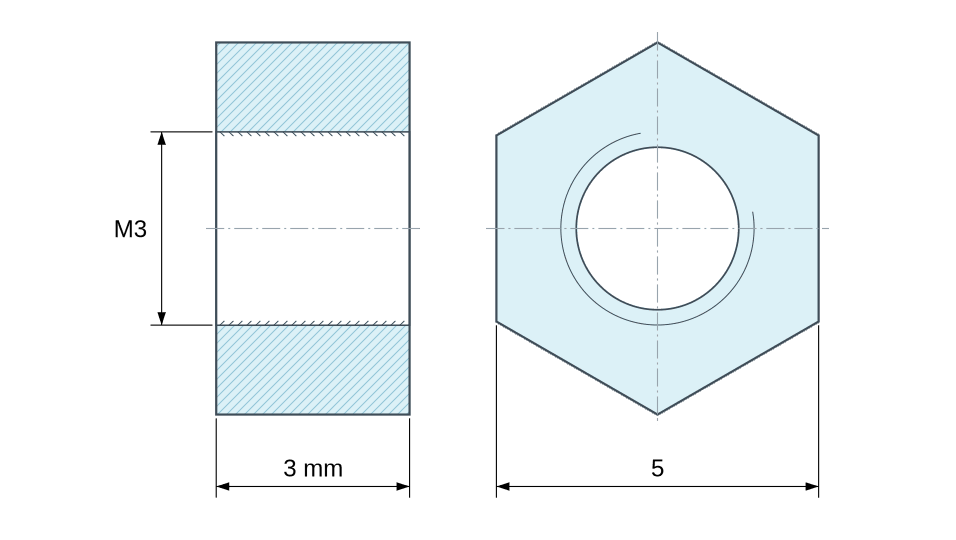 Dimensioned drawing: Threaded hexagonal spacer female/female zinc-plated steel M3