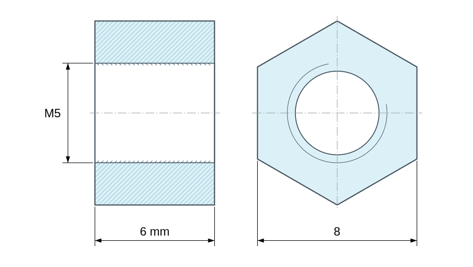Dimensioned drawing: Threaded hexagonal spacer female/female zinc-plated steel M5