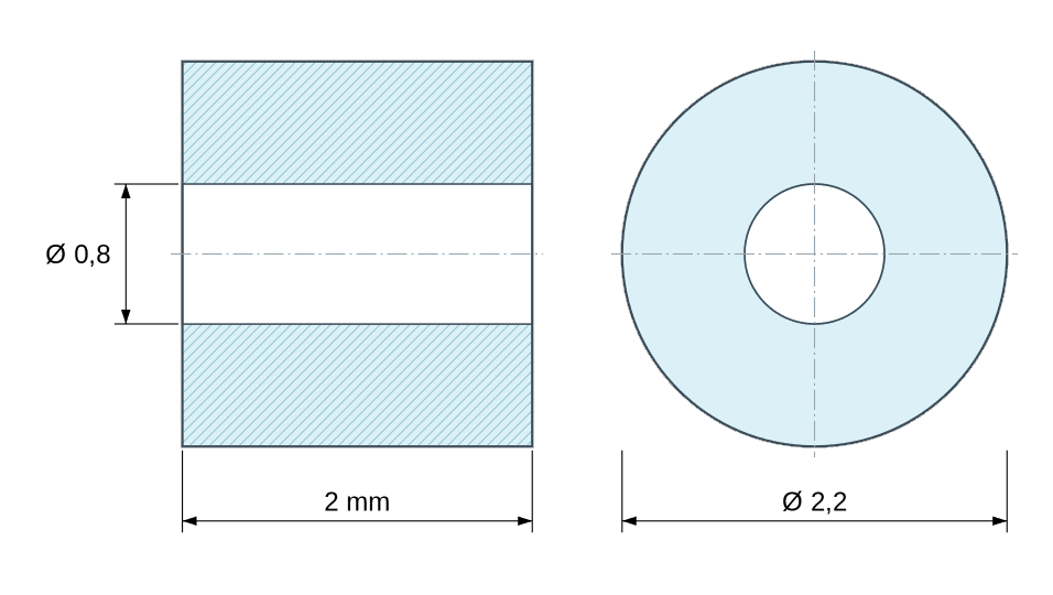 Dimensioned drawing: Plain ceramic spacer C221 Ø0.8x2.2mm
