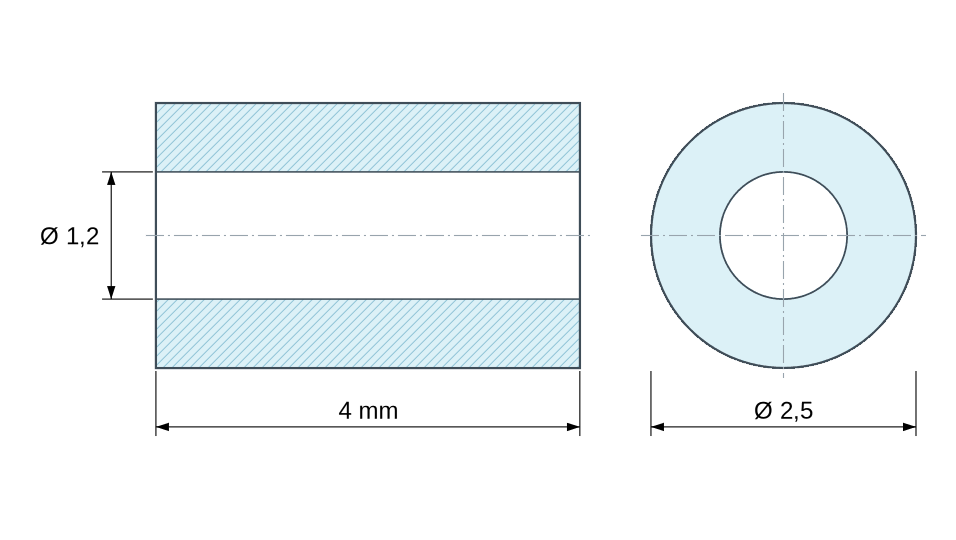 Dimensioned drawing: Plain ceramic spacer C221 Ø1.2x2.5mm