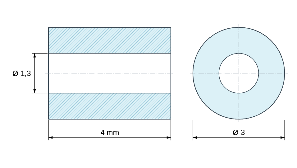 Dimensioned drawing: Plain ceramic spacer C221 Ø1.3x3mm