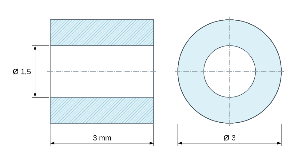 Dimensioned drawing: Plain ceramic spacer C221 Ø1.5x3mm