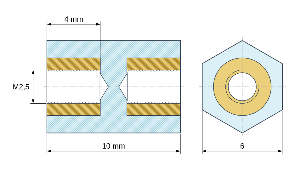 Dimensioned drawing: Hexagonal insulated standoff female/female PA6 plastic, brass insert, M2.5 - 6 mm across flats