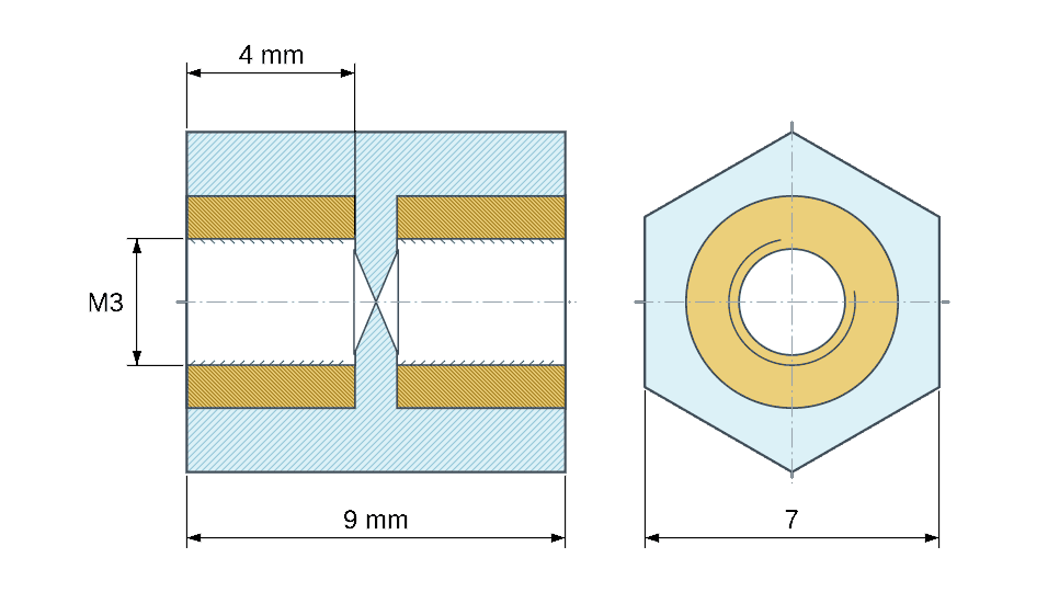 Dimensioned drawing: Hexagonal insulated standoff female/female PA6 plastic, brass insert, M3 - 7 mm across flats