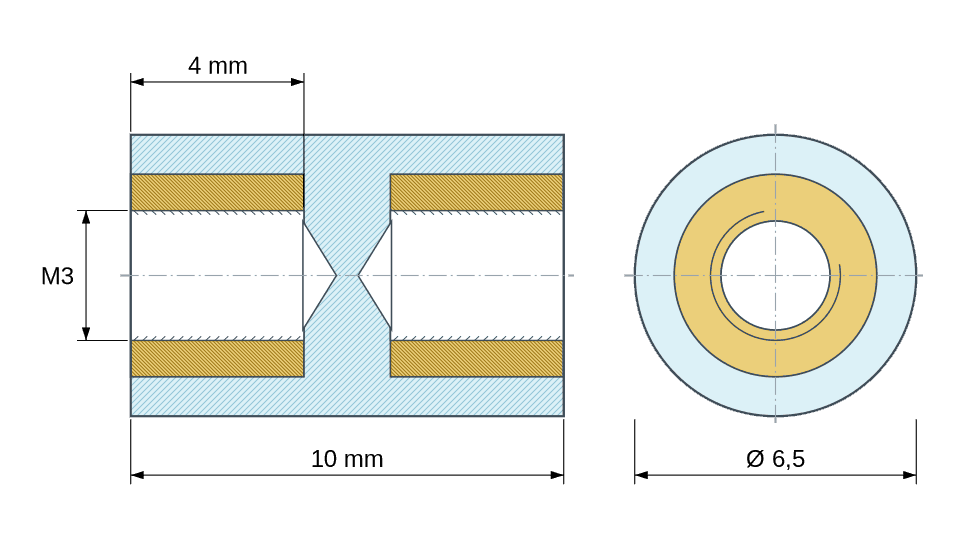 Dimensioned drawing: Round insulated standoff female/female PA6.6 plastic, brass insert, M3 - Ø6.5 mm
