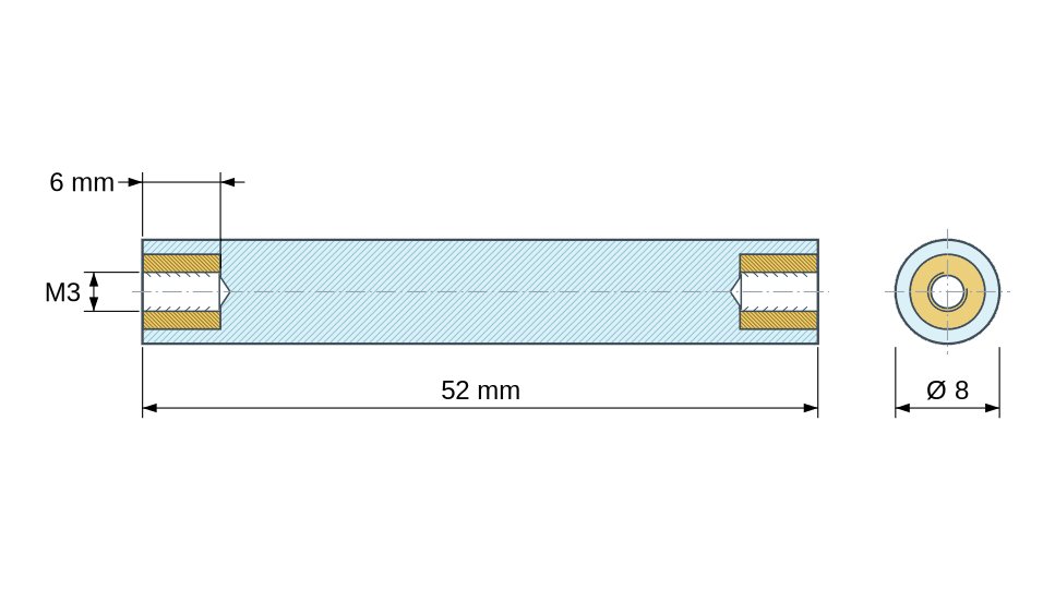 Dimensioned drawing: Round insulated standoff female/female PA6.6 plastic, brass insert, M3 - Ø8 mm