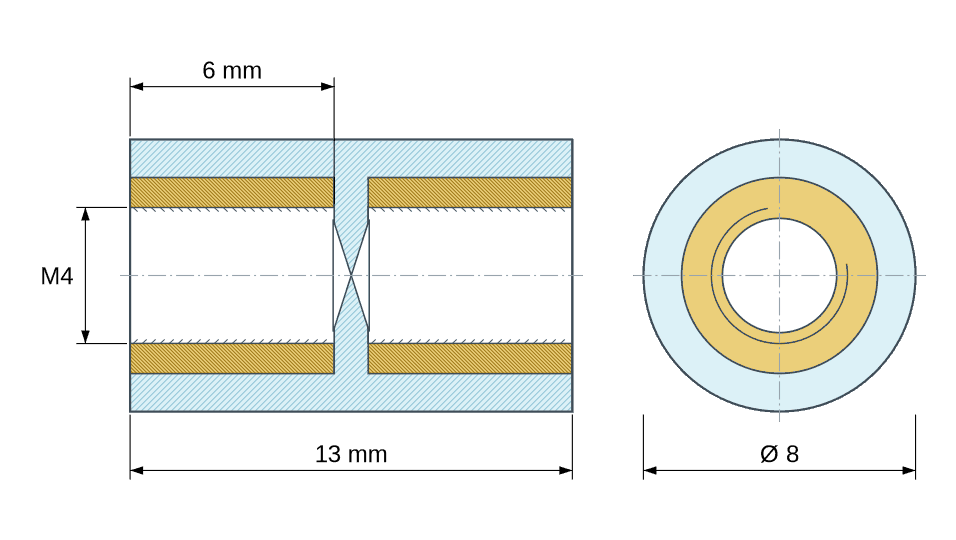 Dimensioned drawing: Round insulated standoff female/female PA6.6 plastic, brass insert, M4 - Ø8 mm