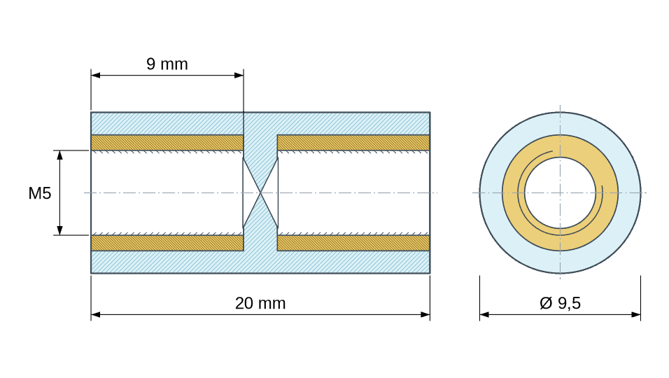 Dimensioned drawing: Round insulated standoff female/female PA6.6 plastic, brass insert, M5 - Ø9.5 mm