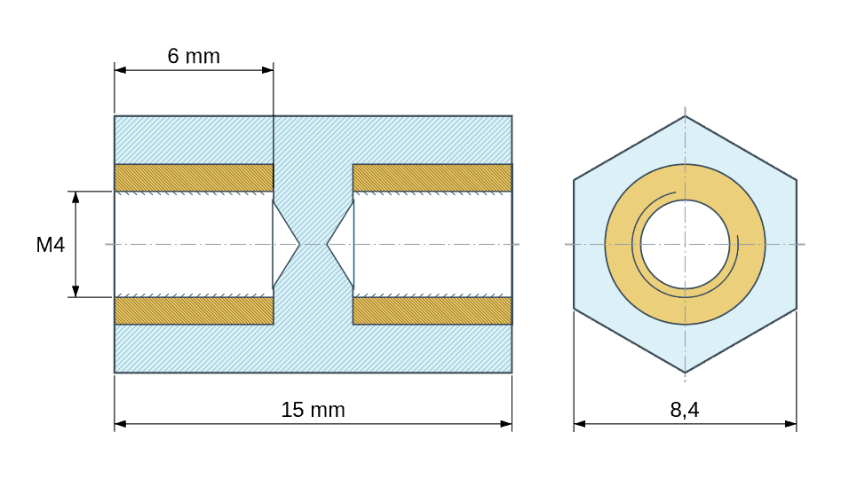 Dimensioned drawing: Hexagonal insulated standoff female/female PA6.6 plastic, brass insert, M4 - 8.4 mm across flats
