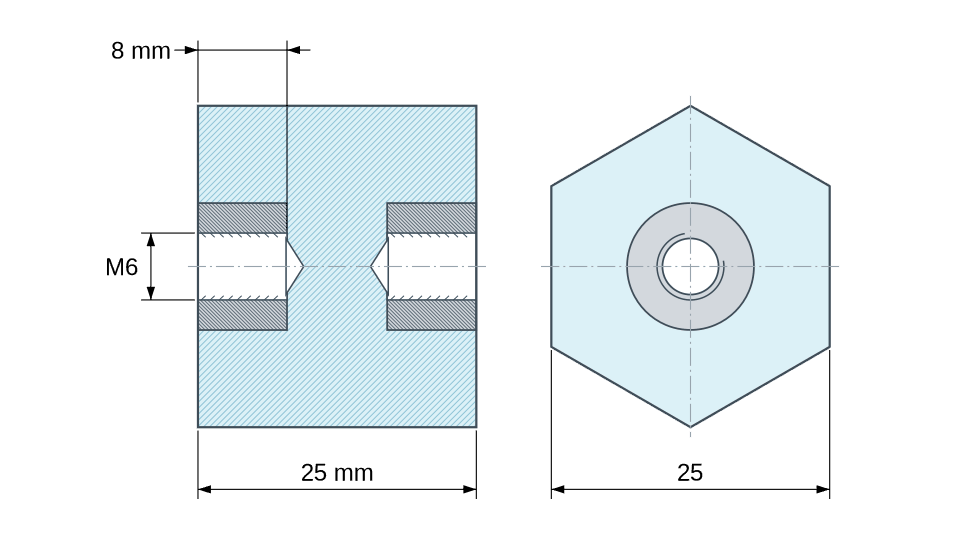 Dimensioned drawing: Hexagonal insulated standoff female/female polyester plastic, steel insert, M6 - 25 mm across flats