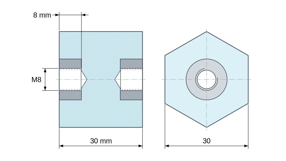 Dimensioned drawing: Hexagonal insulated standoff female/female polyester plastic, steel insert, M8 - 30 mm across flats