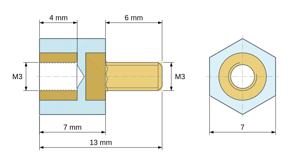 Dimensioned drawing: Hexagonal insulated standoff male/female PA6 plastic, brass insert, M3 - 7 mm across flats