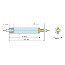 [decl 70mm] Entretoise isolante ronde filetée mâle/femelle plastique PA6.6 insert laiton M5 - Ø12,7 mm