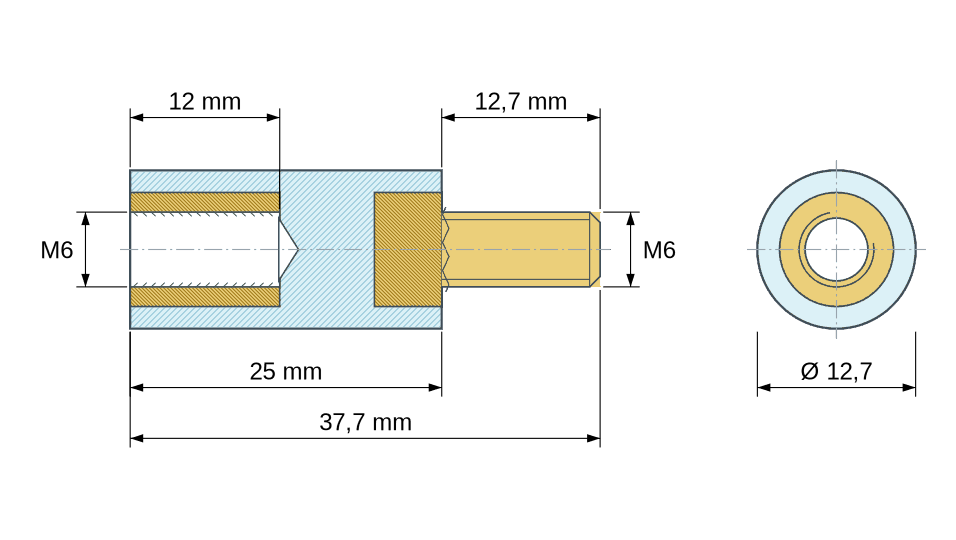 Dimensioned drawing: Round insulated standoff male/female PA6.6 plastic, brass insert, M6 - Ø12.7 mm