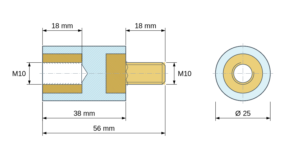 Dimensioned drawing: Round insulated standoff male/female PA6.6 plastic, brass insert, M10 - Ø25 mm