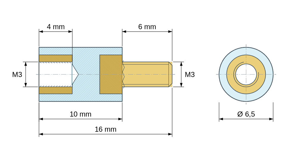 Dimensioned drawing: Round insulated standoff male/female PA6.6 plastic, brass insert, M3 - Ø6.5 mm