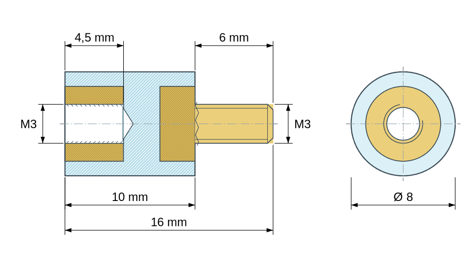 Dimensioned drawing: Round insulated standoff male/female PA6.6 plastic, brass insert, M3 - Ø8 mm