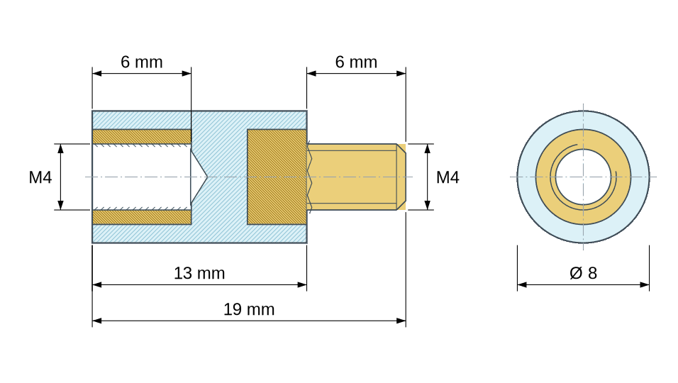 Dimensioned drawing: Round insulated standoff male/female PA6.6 plastic, brass insert, M4 - Ø8 mm