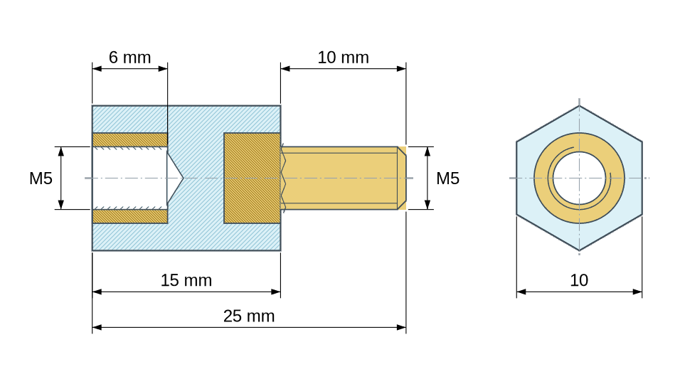 Dimensioned drawing: Hexagonal insulated standoff male/female PA6.6 plastic, brass insert, M5 - 10 mm across flats