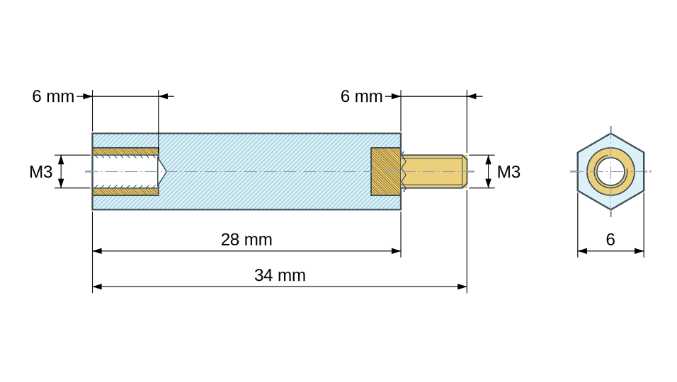 Dimensioned drawing: Hexagonal insulated standoff male/female PA6.6 UL94-HB plastic, brass insert, M3 - 6 mm across flats